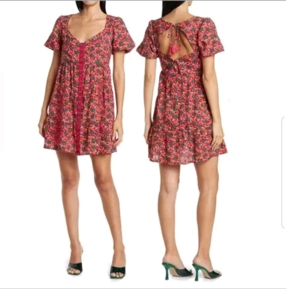 Betsey Johnson Micro Floral Romantic Snap-Front Puff Sleeve Hot Pink Dress - XS